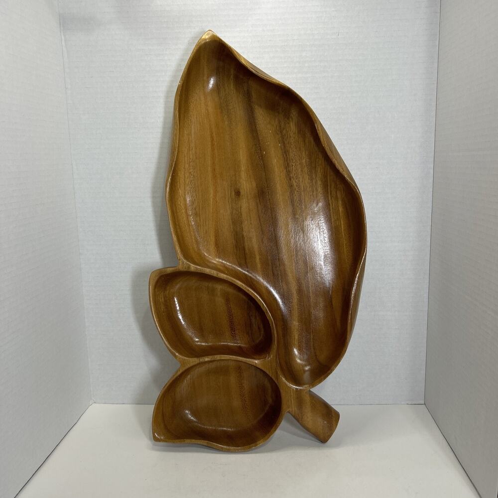 Vtg House Of Monkey Pod Wooden Leaf Divided Serving Tray Hawaii 20x11x2”